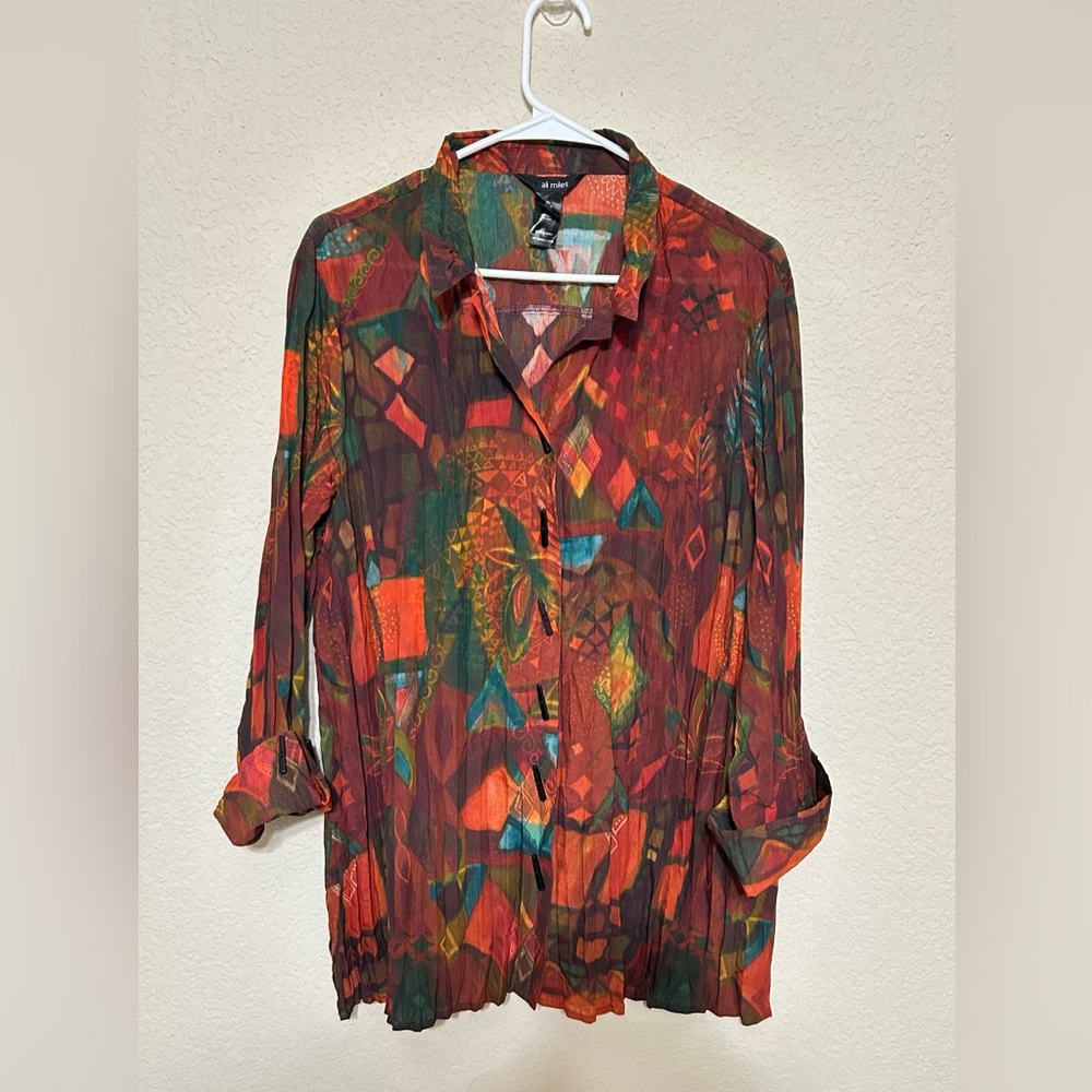 Ali Miles Blouse Abstract-Print Women’s XL Button Up Relaxed Art to Wear Fall